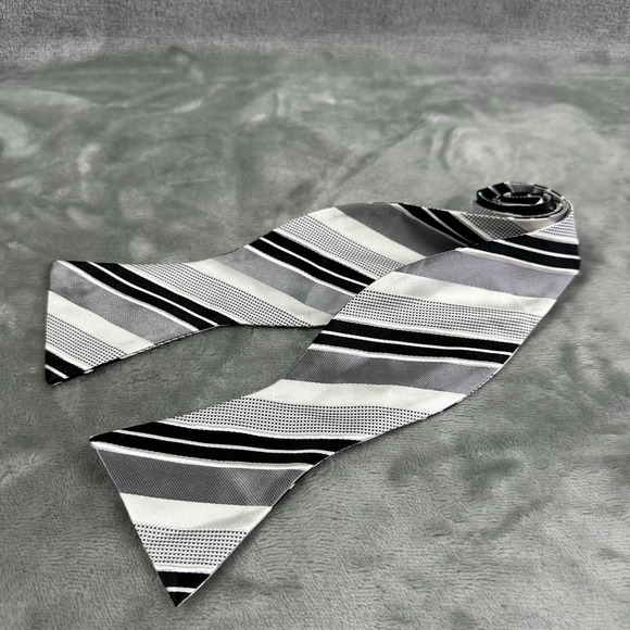Other - Men's Silk Bow Tie Black White Gray Striped Pattern 2.75" Wide Self Tie